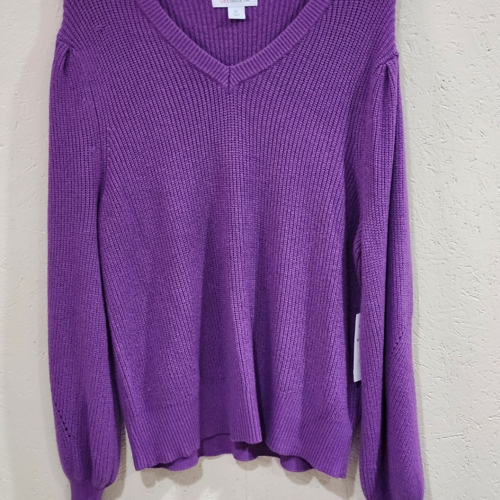 Liz Claiborne Purple V Neck Sweater Textured Knit‎ NWT XL